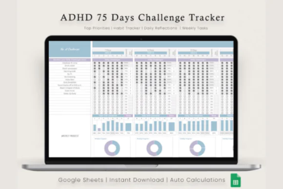 ADHD 75 Days Habit Building Tool for Google Sheets – Editable ADHD Habit Tracker, 75-Day Challenge Planner, Weekly Routine Organizer, Time Blocking Calendar, Color-Coded Focus Planner, Streak Calculat