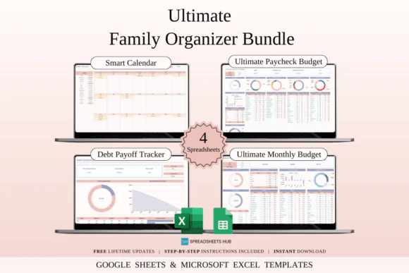 Ultimate Family Organizer Bundle Spreadsheet Templates – Excel & Google Sheets Family Finance Planner, Paycheck Budget, Monthly Budget Tracker, Bill Calendar, Debt Payoff Planner & Household Money Man