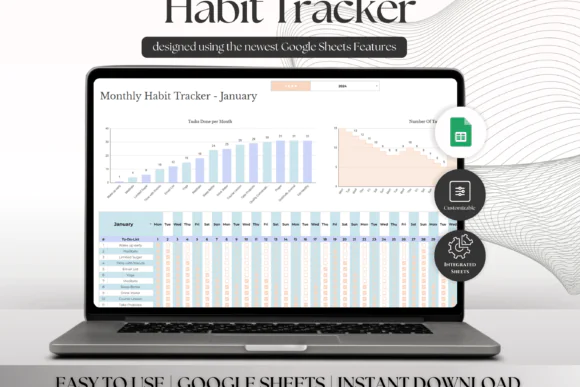 Habit Tracker Spreadsheet – Editable Google Sheets Habit Planner, Daily & Monthly Progress Tracker, Goal Tracking Dashboard, Weekly Routine Checklist, Visual Progress Charts & Productivity Planner