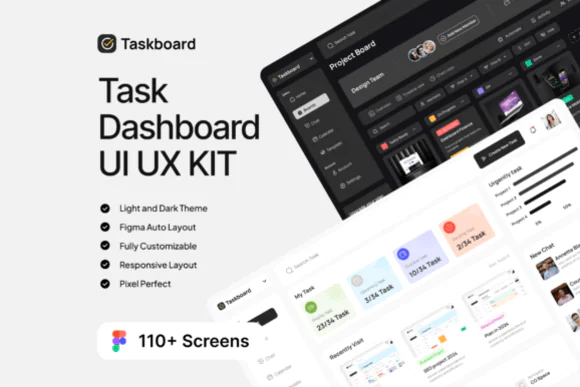 Taskboard Task Dashboard UI UX Kit – 110+ Professional Figma Dashboard Screens, Responsive Web App Design System, Dark & Light Mode Admin Panel Templates, Project Management & Productivity UI Kit