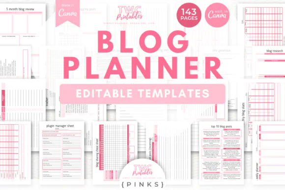 Blog Planner Canva Templates Bundle | 143 Editable Pink Blogging Planner Pages for Content Calendar, Blog Business Plan, Blog Growth Workbook, Trackers, Checklists & Editorial Planning