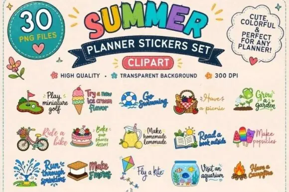 Summer Planner Stickers Clipart PNG Bundle | Cute Summer Bucket List Stickers | Hand Drawn Summer Activity PNGs for Planners, Cricut, Sublimation & Scrapbooking