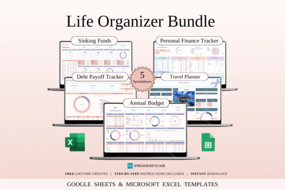 Life Organizer Bundle Spreadsheet Templates – Excel & Google Sheets All-in-One Life Planner, Travel Planner, Monthly Budget Tracker, Debt Payoff Planner, Annual Budget, Sinking Funds Tracker & Persona