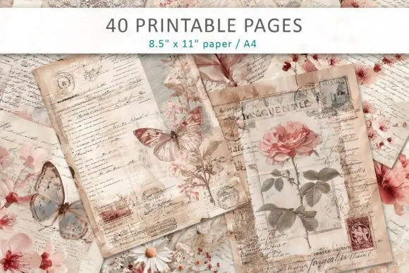 Shabby Chic Junk Journal Pages Bundle – Vintage Floral Printable Papers, Antique Lace Ephemera Backgrounds, Romantic Victorian Journal Kit for Scrapbooking & DIY Crafts