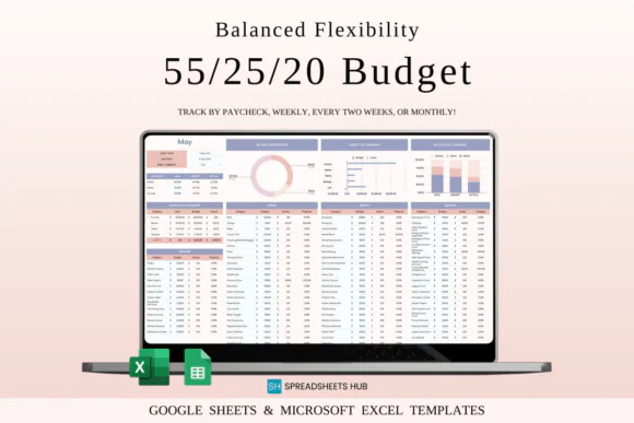 55/25/20 Budget Spreadsheet Template, Balanced Flexibility Budget Planner, Google Sheets & Excel Personal Finance Tracker, Needs Wants and Savings Worksheet, Monthly Money Management Tool