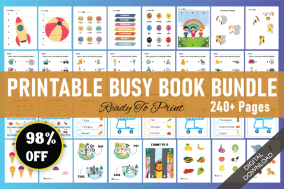 Printable Busy Book Bundle for Toddlers & Preschoolers | Montessori Learning Binder Activities | Educational Homeschool Workbook | Alphabet, Numbers, Colors & Shapes Printable PDF | Fine Motor Skills