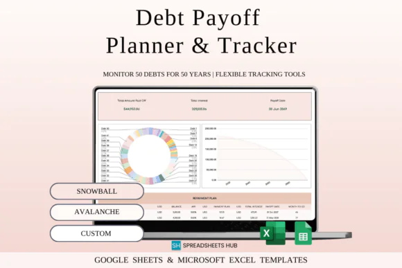 Debt Payoff Planner & Tracker Spreadsheet – Elegant Excel & Google Sheets Debt Repayment Template, Snowball Avalanche Custom Payoff Calculator, 50-Debt Tracker, Monthly Summary, Journal Tab & Debt-Fre