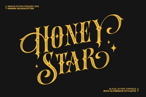 Honey Star Blackletter Font | Bold Thick Gothic Typeface with Swashes for Logos, Tattoo Designs, T-Shirts, Posters, Apparel, Branding & Vintage Typography