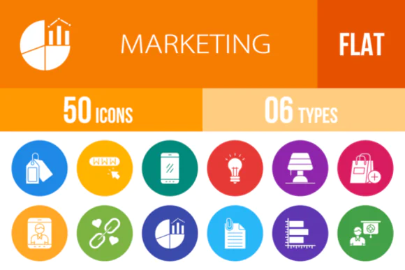 50 Marketing Flat Round Icons Bundle | Editable Vector Business, Analytics, Sales, Advertising & Digital Marketing Icon Set with AI, CDR, EPS, JPG, PNG & SVG Files for Apps, Websites, Print, Presentat
