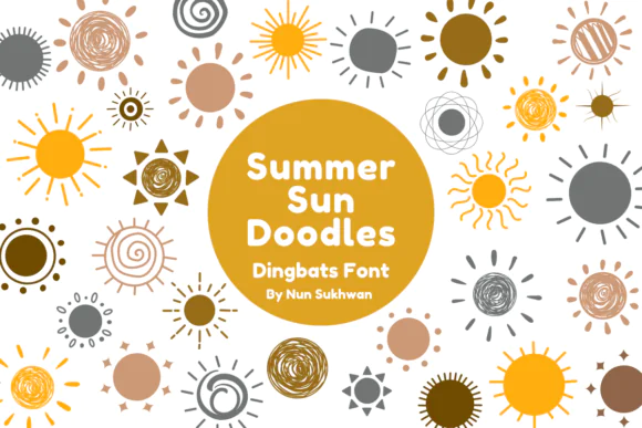 Summer Sun Doodles Dingbat Font | Hand-Drawn Sun Illustration Typeface for Summer Branding, Social Media Graphics, Nursery Decor, Stationery, Stickers & Boho Designs