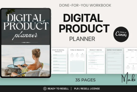 Digital Product Planner Canva Ebook, 35-Page Editable PLR Digital Product Workbook, Niche Research Planner, Product Idea Generator, Offer Creation Template, Side Hustle Business Planner, Printable PDF