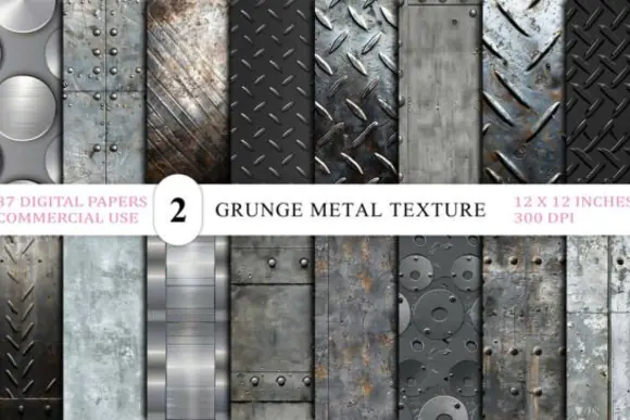 Industrial Grunge Metal Textures Bundle – 37 High-Resolution Rusted Steel, Brushed Aluminum, Diamond Plate & Distressed Iron Digital Papers | Seamless Industrial Backgrounds for Graphic Design, Gaming