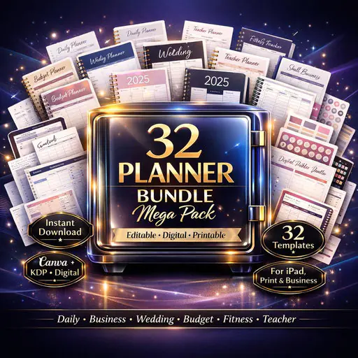 32 Planner Bundle Mega Pack | Digital Planner Templates | Canva, KDP, Excel, GoodNotes, iPad Planner | Teacher, Budget, Wedding, Fitness