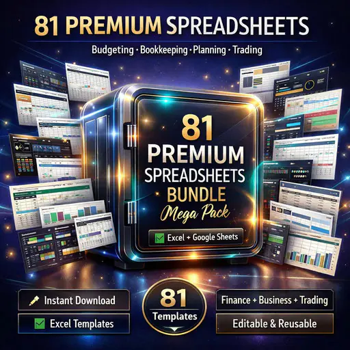 81 Premium Spreadsheets Bundle Mega Pack | Budget Planner, Bookkeeping, Trading Journal, Excel Templates, Google Sheets Finance Bundle