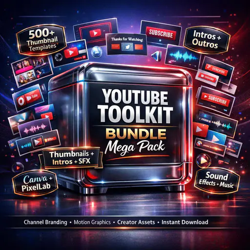 YouTube Toolkit Bundle Mega Pack | 500+ Thumbnail Templates, Intros, Outros, Subscribe Buttons, Sound Effects, Canva & PixelLab Assets