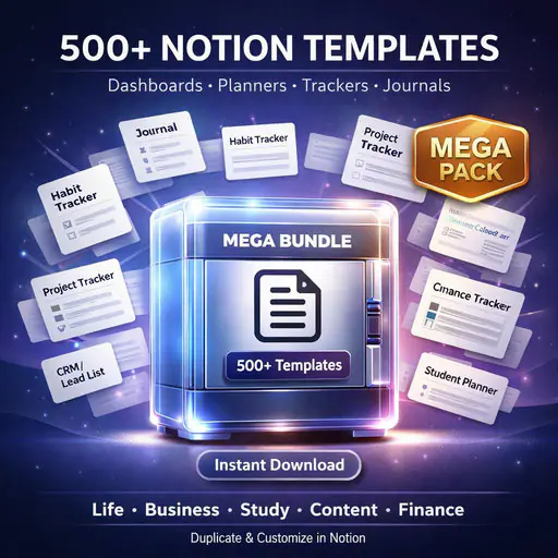 500+ Notion Templates Mega Pack | Ultimate Life + Business + Study Dashboard Bundle | Journal, Habit, Finance, Content Calendar, CRM
