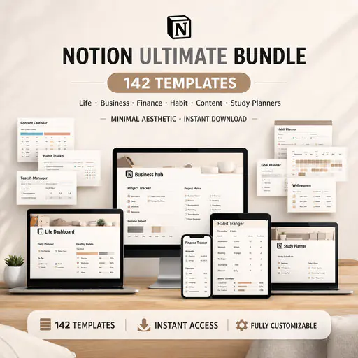 142 Notion Templates Ultimate Bundle  | Life, Business, Finance, Habit, Content & Study Planners | Minimal Aesthetic | Instant Download