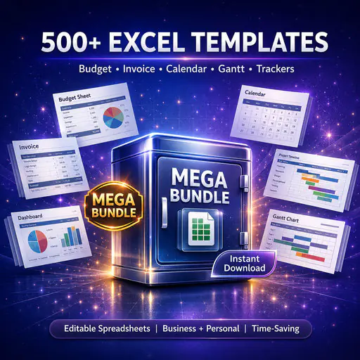 500+ Excel Templates Mega Bundle | Budget, Invoice, Calendar, Gantt Charts, Accounting & Trackers | Editable Spreadsheet Pack